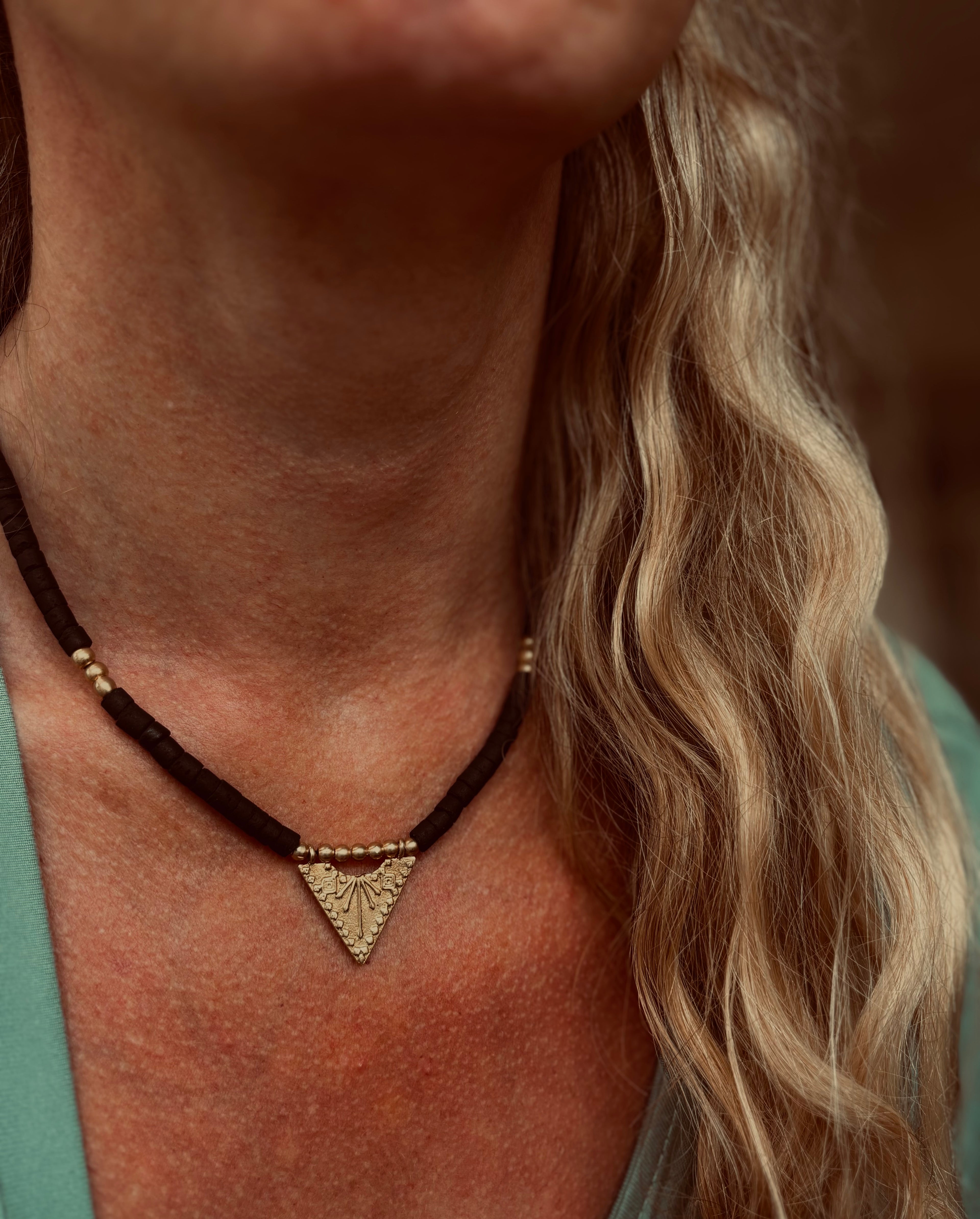 Solara — Brass Triangle & Coconut Bead Necklace