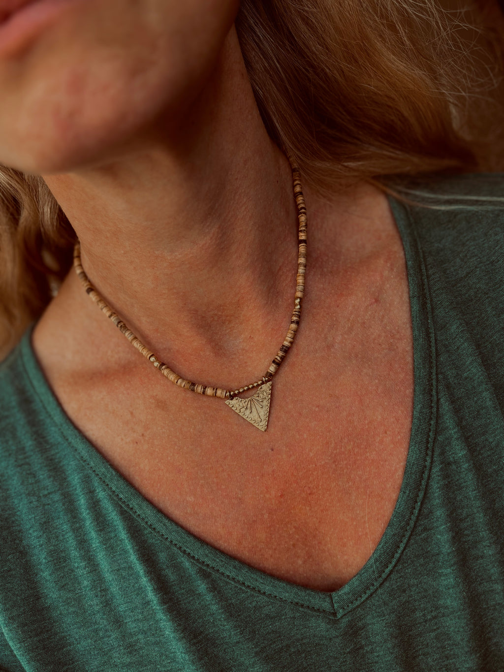 Solara — Brass Triangle & Coconut Bead Necklace