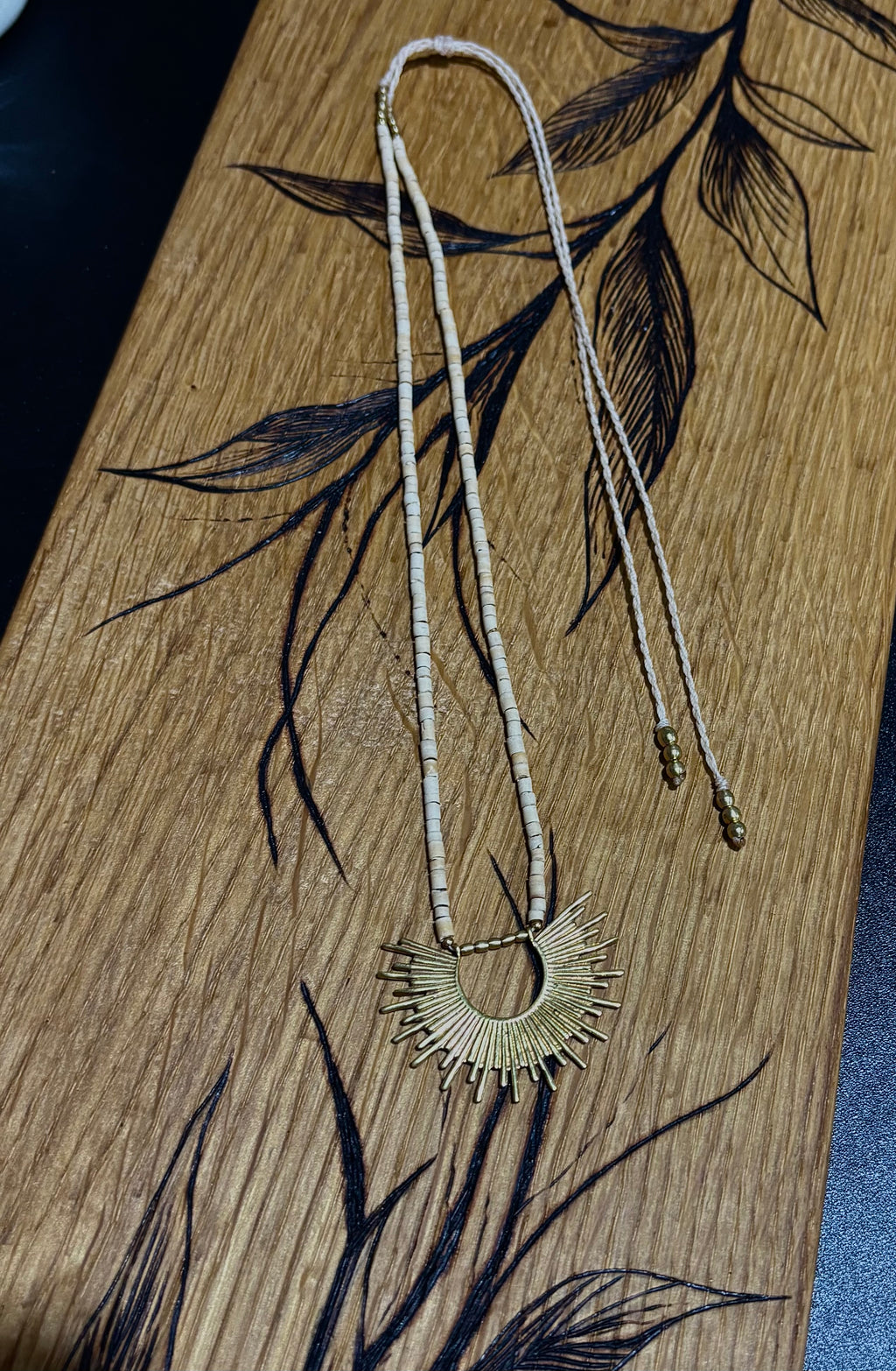 Helios — Brass Sunburst & Coconut Bead Necklace