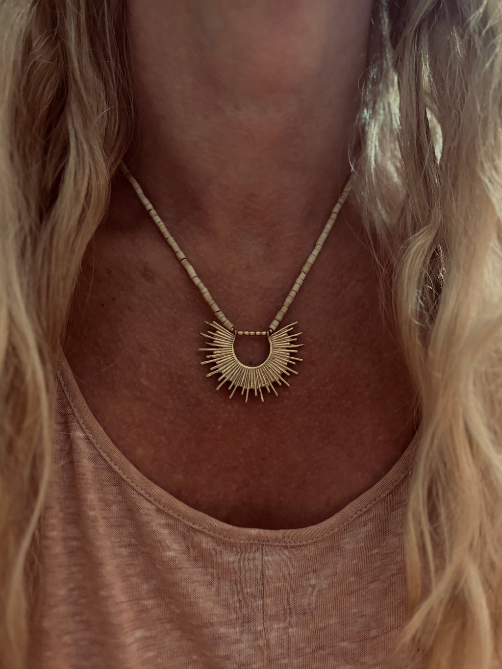 Helios — Brass Sunburst & Coconut Bead Necklace