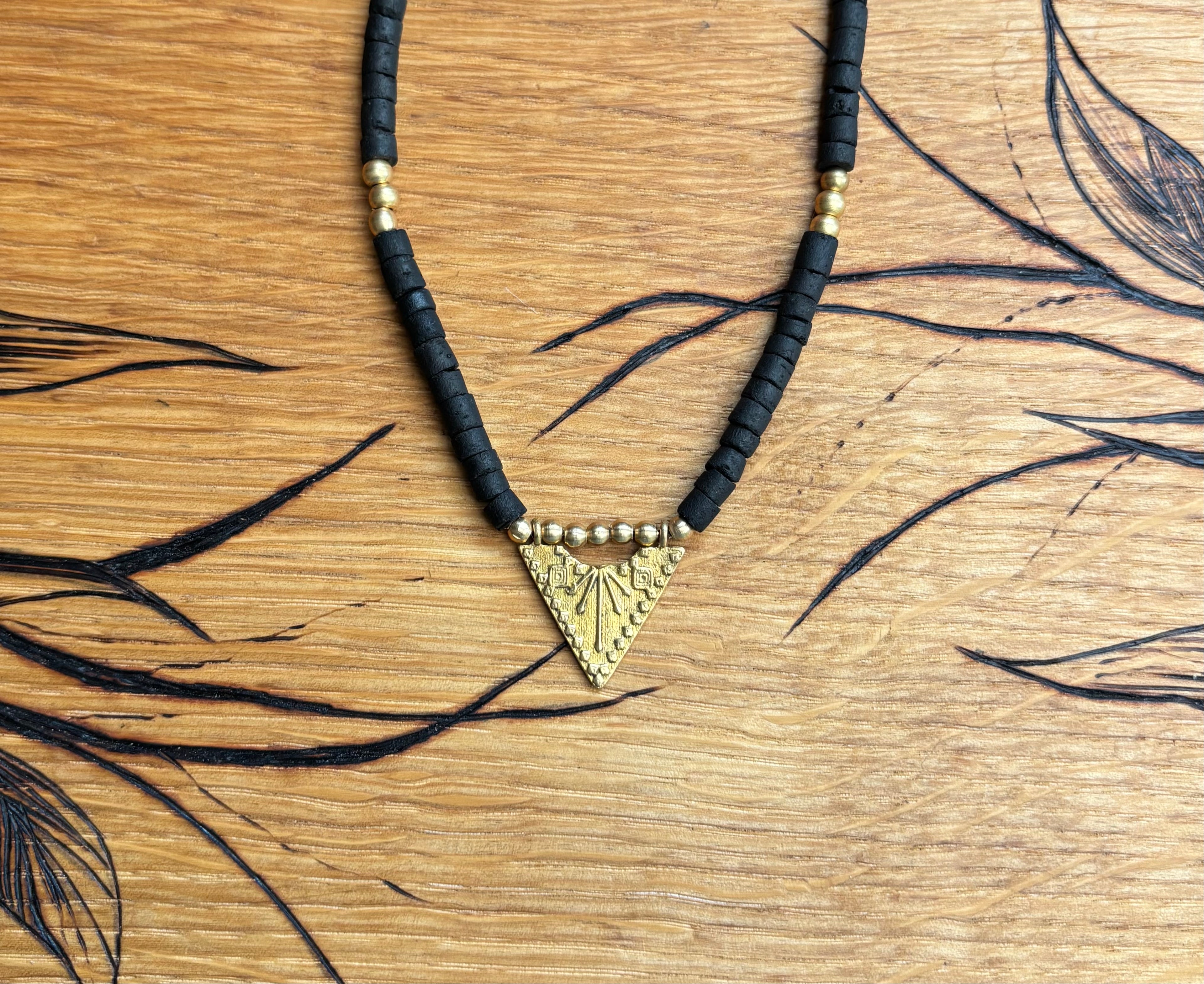 Solara — Brass Triangle & Coconut Bead Necklace