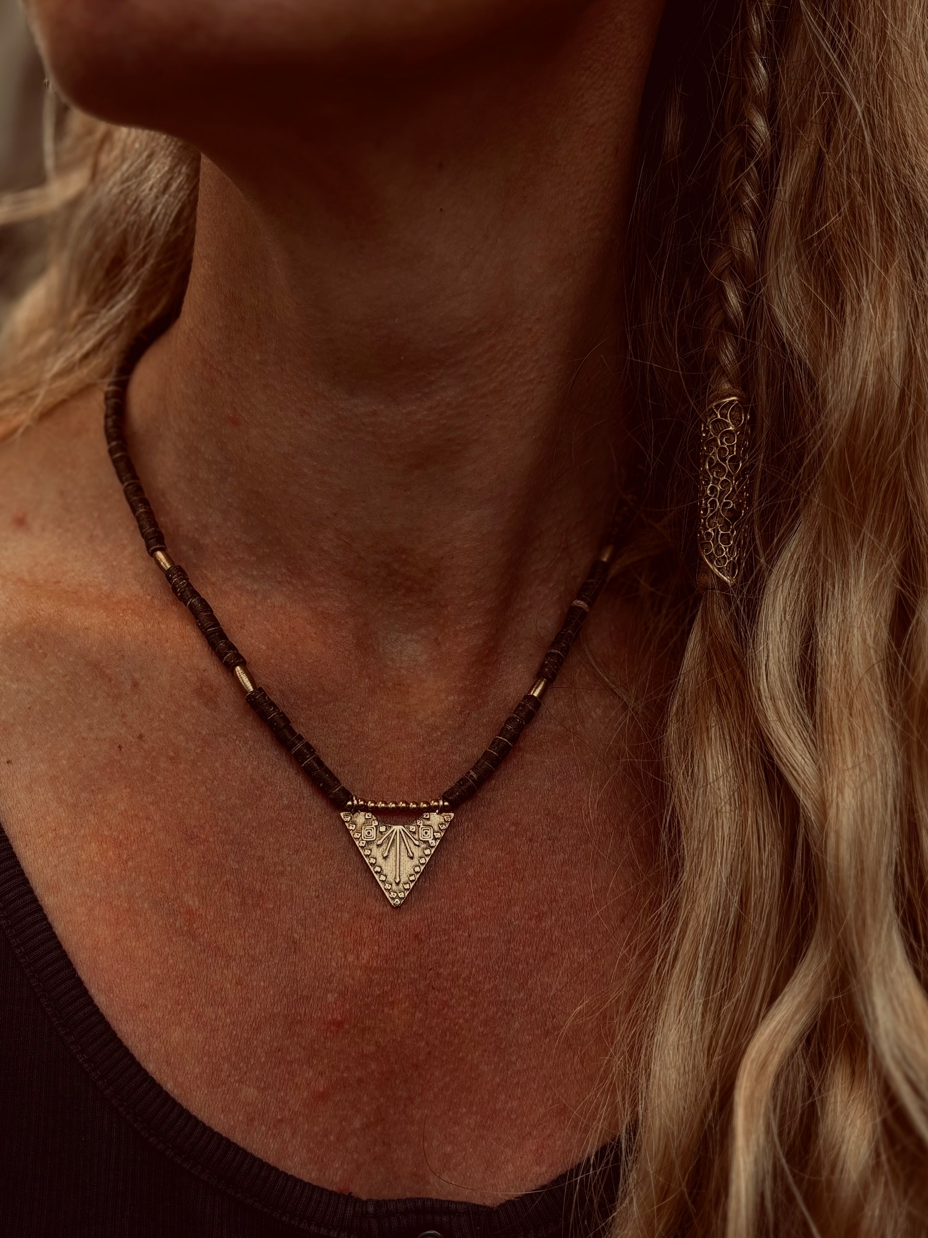 Solara — Brass Triangle & Coconut Bead Necklace