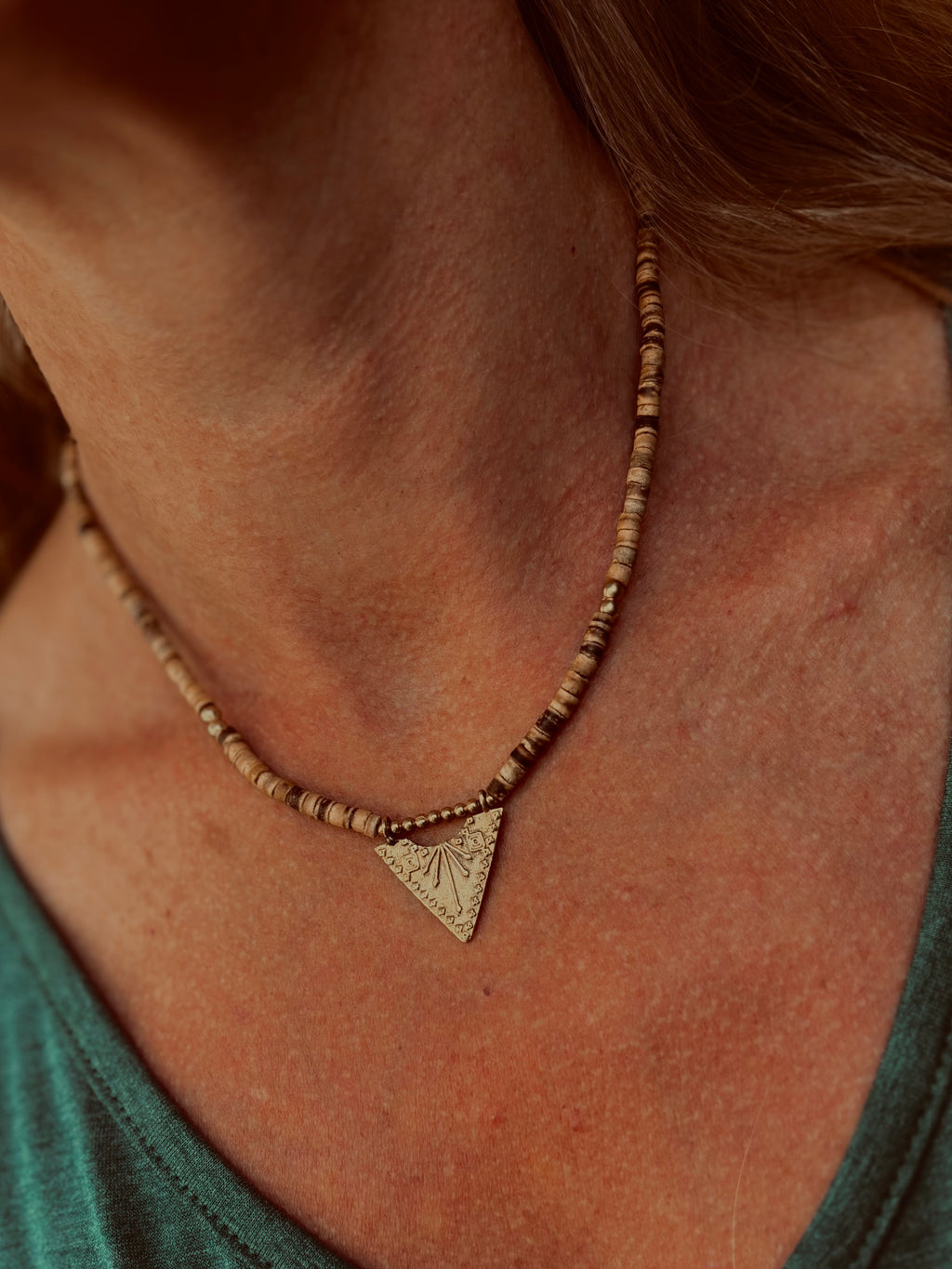 Solara — Brass Triangle & Coconut Bead Necklace