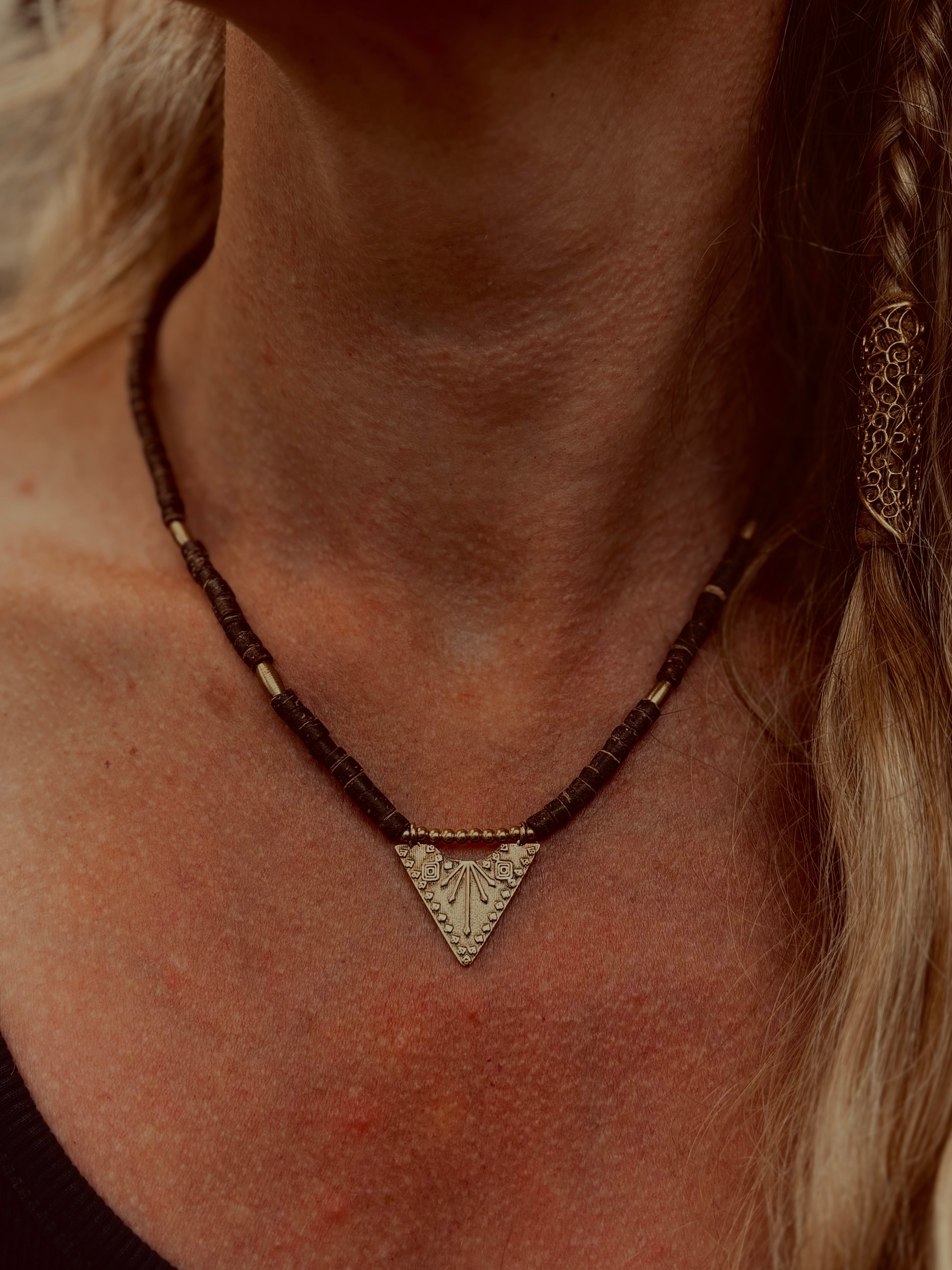 Solara — Brass Triangle & Coconut Bead Necklace